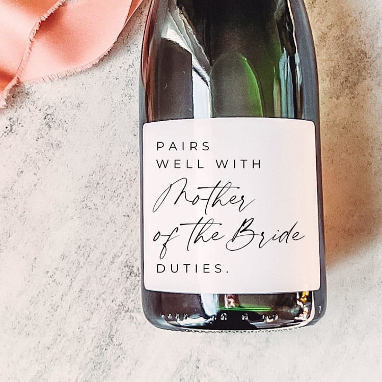 "Mother of the Bride Gift Champagne Label | Pairs well with Mother of the Bride Duties" - Bottle Labels in white by The Pretty Little Mess
