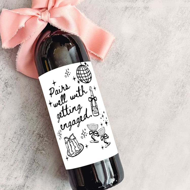 "Engagement Wine Label | Pairs well with getting engaged" - Bottle Labels in white by The Pretty Little Mess