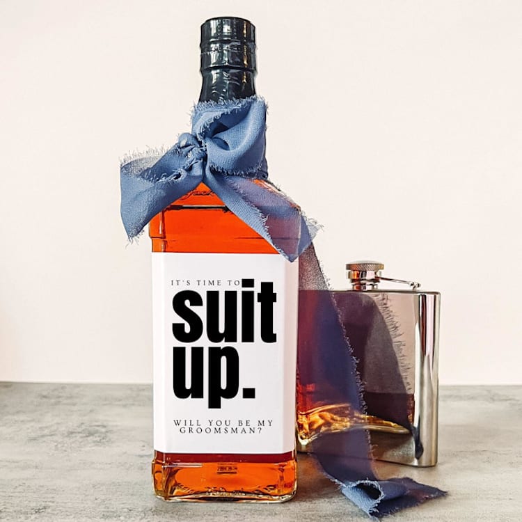 "Groomsman Liquor Bottle Label | Suit Up" - Bottle Labels in white by The Pretty Little Mess