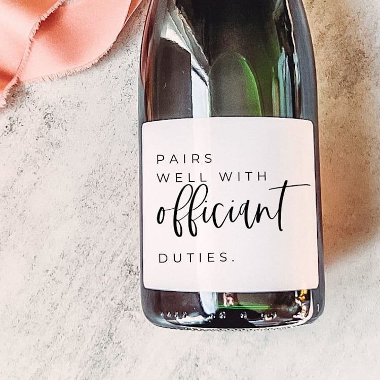 "Officiant Gift Champagne Label | Pairs well with Officiant Duties" - Bottle Labels in white by The Pretty Little Mess