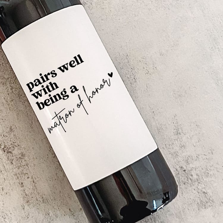 "Matron of Honor Gift Wine Label | Pairs well with being a Matron of Honor" - Bottle Labels in white by The Pretty Little Mess