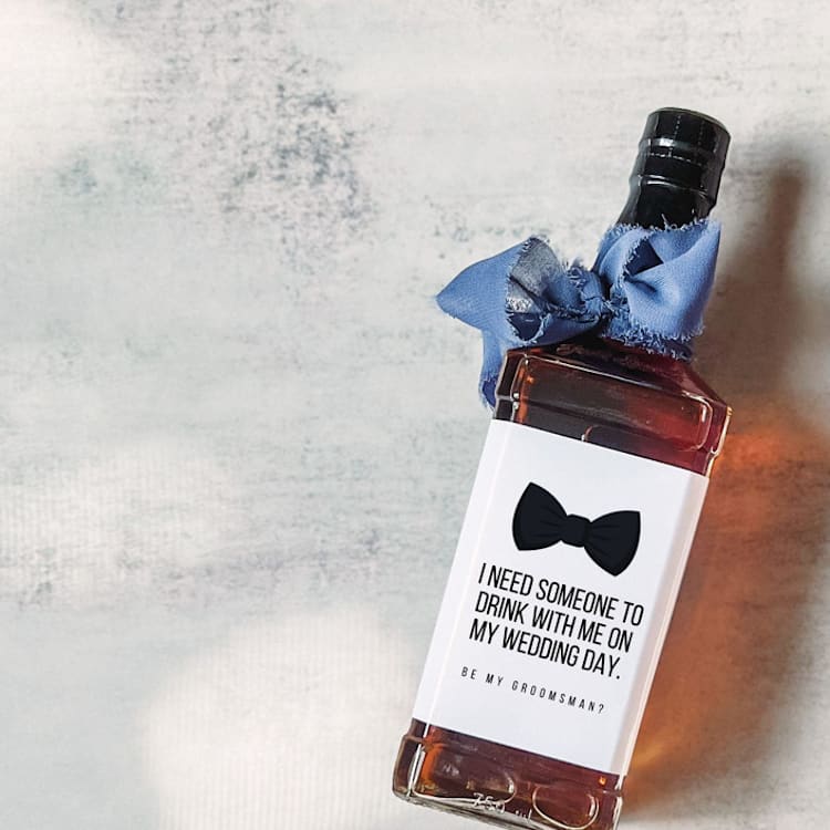 "Groomsman Liquor Bottle Label | I Need Someone to Drink with on my Wedding Day" - Bottle Labels in white by The Pretty Little Mess