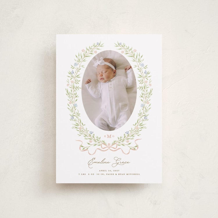 "floral crest" - Birth Announcements in Vintage Rose by Susan Zinader - Front