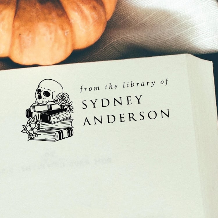 "Custom Name Skull Book Stamp | Book Lover Gift" - Book Stamp in black by Samantha Malvey