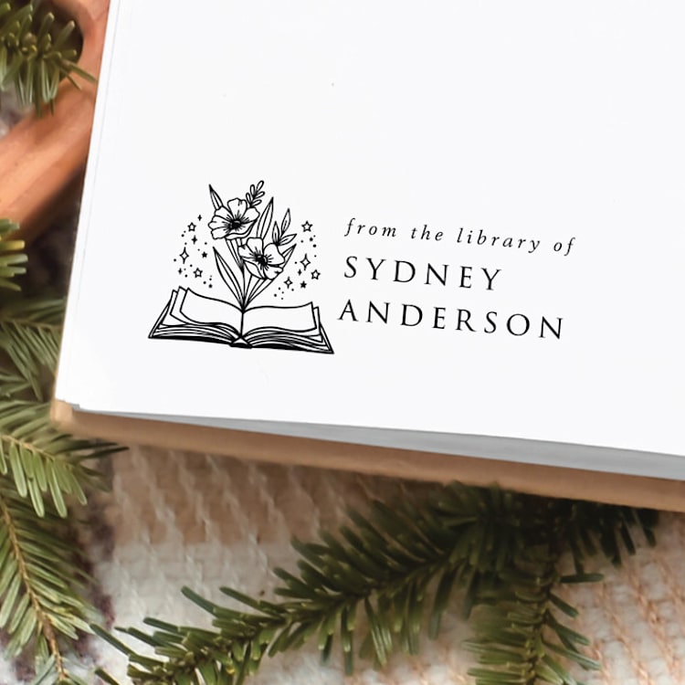"Custom Name Flowers Book Stamp | Book Lover Gift" - Book Stamp in black by Samantha Malvey
