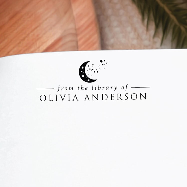 "Custom Name Moon Magic Book Stamp | Book Lover Gift" - Book Stamp in black by Samantha Malvey