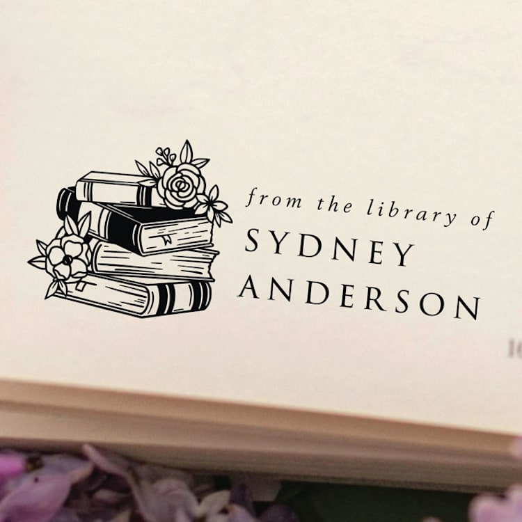 "Custom Name Blossom Book Stamp | Book Lover Gift" - Book Stamp in black by Samantha Malvey