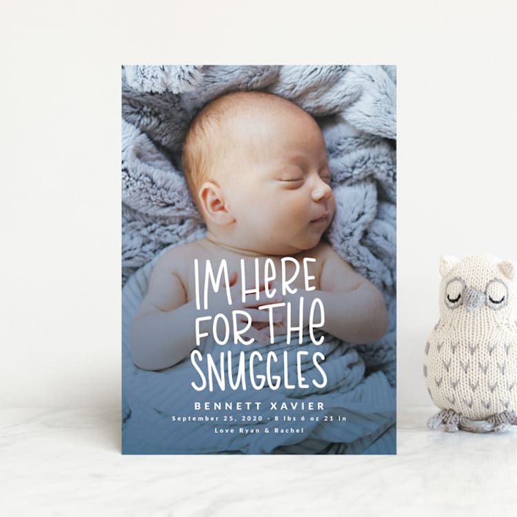 "Snuggles" - Birth Announcements in Dusty Blue by Megan Cash - Front