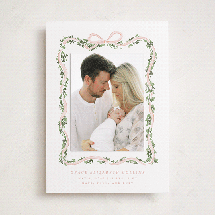 "Ribbonly Frame" - Birth Announcement Photo Mount Cards in Blush by Itsy Belle Studio - Front