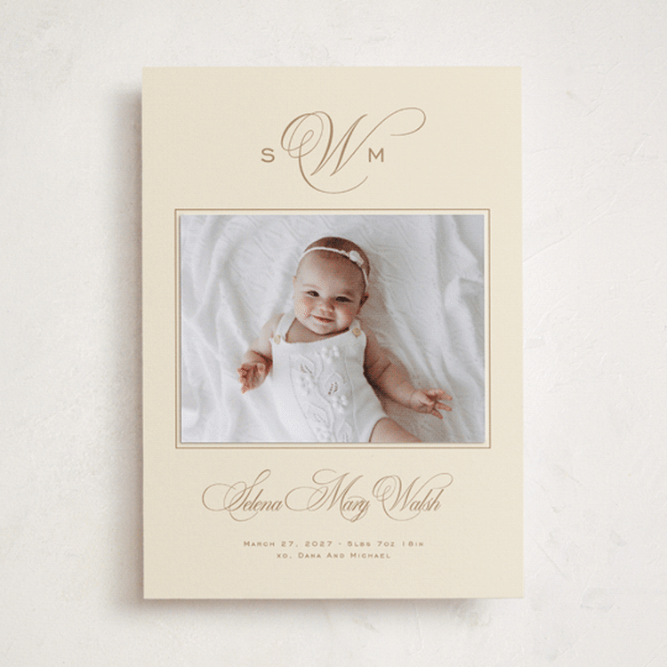 "Scripted Elegance" - Birth Announcement Photo Mount Cards in Tumbleweed by Creo Study - Front