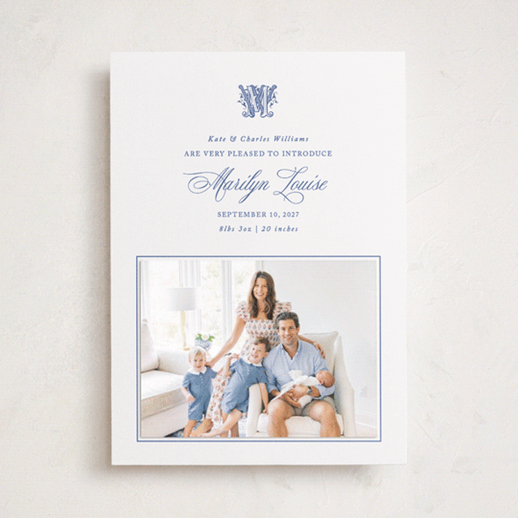 "Baby's First Monogram" - Birth Announcement Photo Mount Cards in Royal Blue by Erin L. Wilson - Front