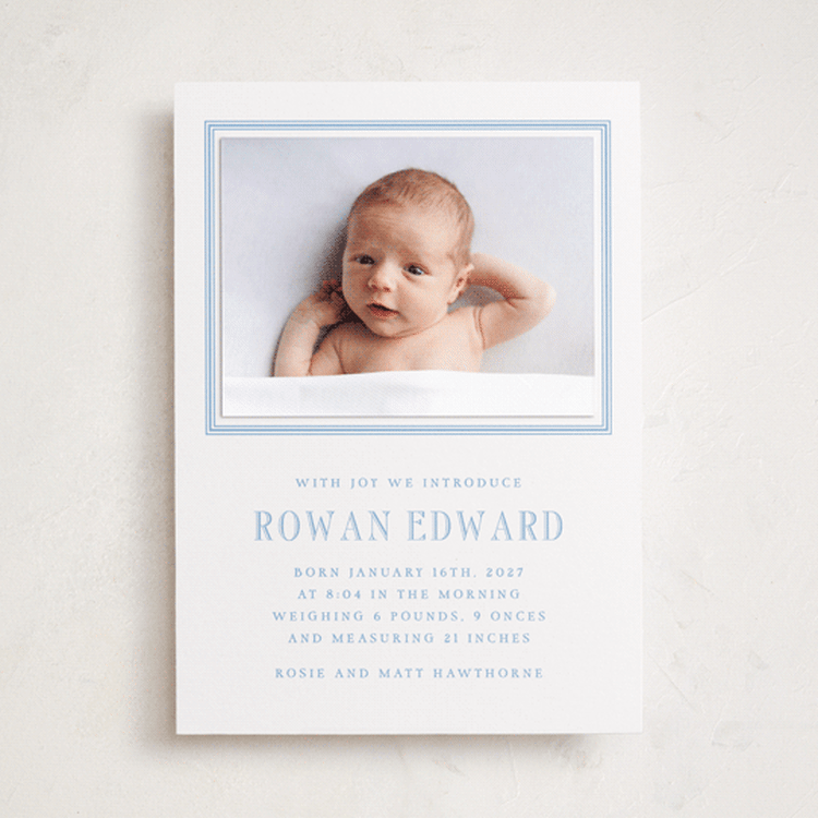 "Joy" - Birth Announcement Photo Mount Cards in Sky by Pati Cascino - Front