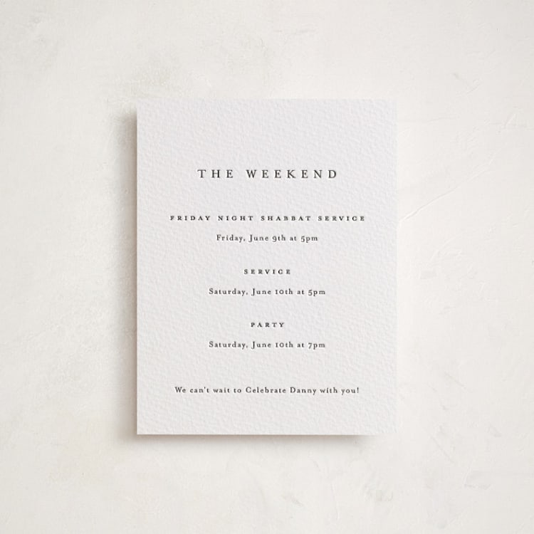"A Thousand Years" - Letterpress Bar and Bat Mitzvah Reception Cards in Soft Black by Design Lotus - Front
