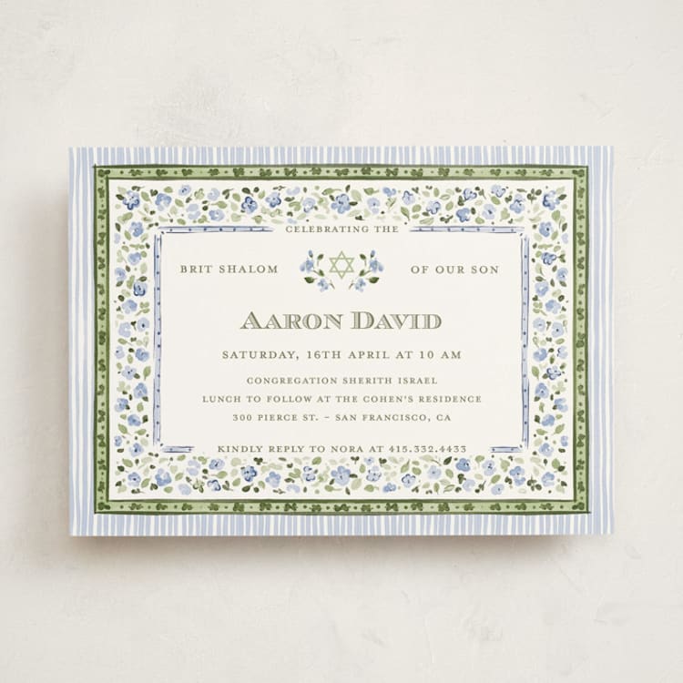"Linette" - Bris and Baby Naming Invitations in Blue Whisper by Pati Cascino - Front