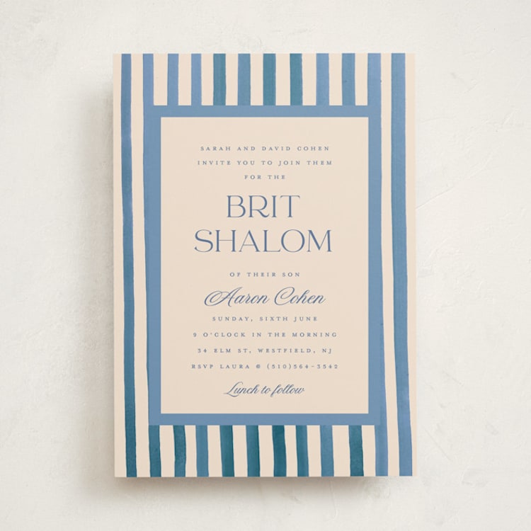"Painted Stripes" - Bris and Baby Naming Invitations in Sky by Teju Reval - Front