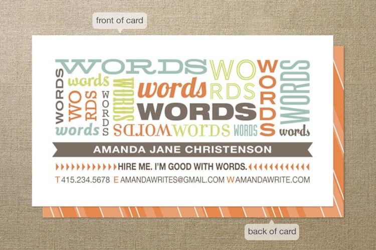 "Good with Words" - Business Cards in Orange by Lori James - Front