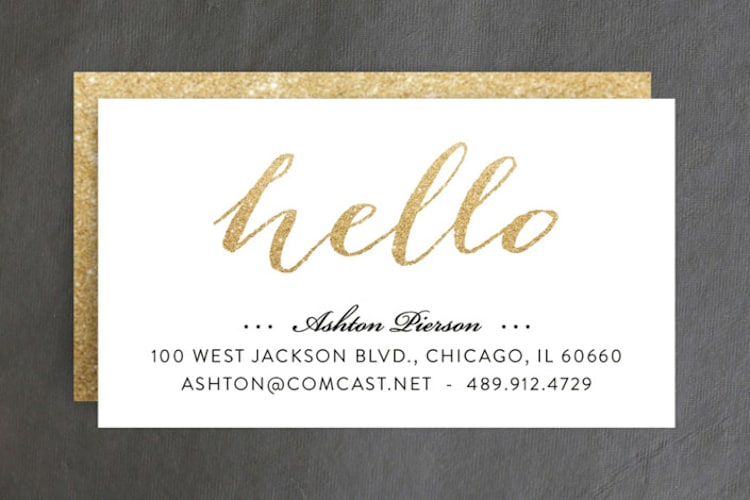 "Hello Friend" - Business Cards in Champagne by Erin Deegan - Front