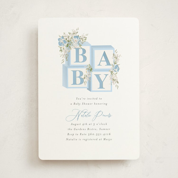 "Botanical Blocks" - Baby Shower Invitations in Baby Blue by Itsy Belle Studio - Front