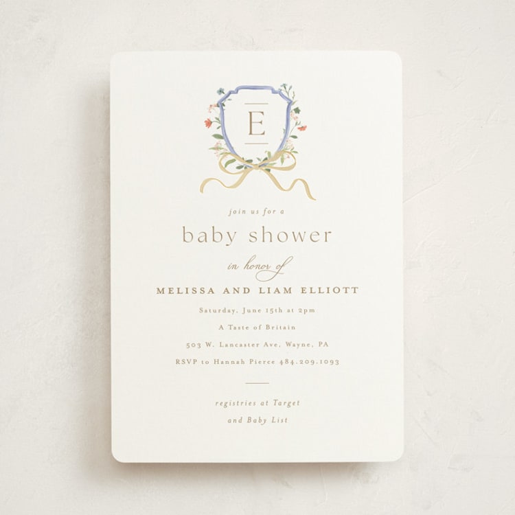 "Floral Crested" - Baby Shower Invitations in Icing by Everett Paper Goods - Front