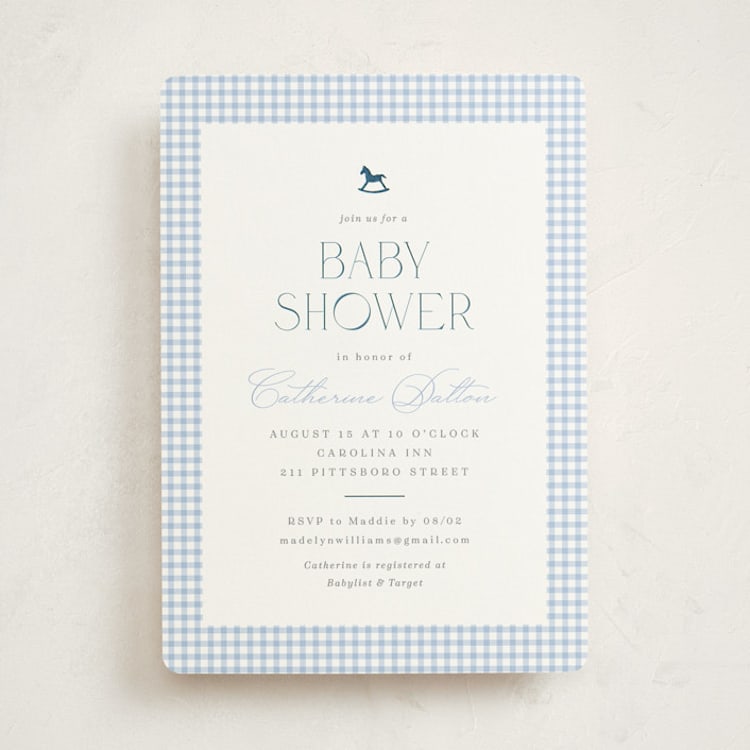 "Gingham Rockinghorse" - Baby Shower Invitations in Baby Blue by Olivia Raufman - Front