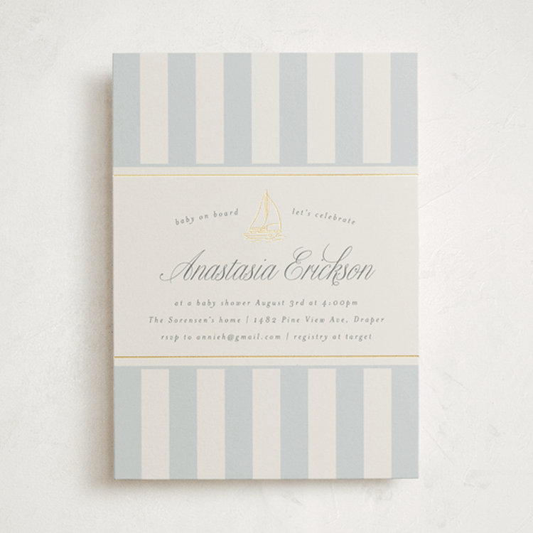 "On Board" - Baby Shower Invitations in Fog by Stephanie Hawkes - Front