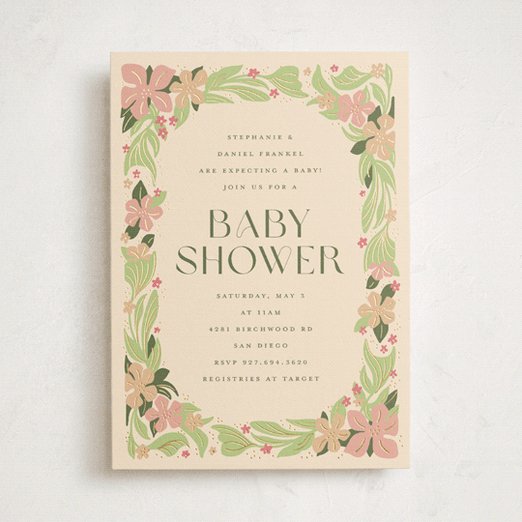 "Bright Botanical Border" - Baby Shower Invitations in Petal by Katie Zimpel - Front