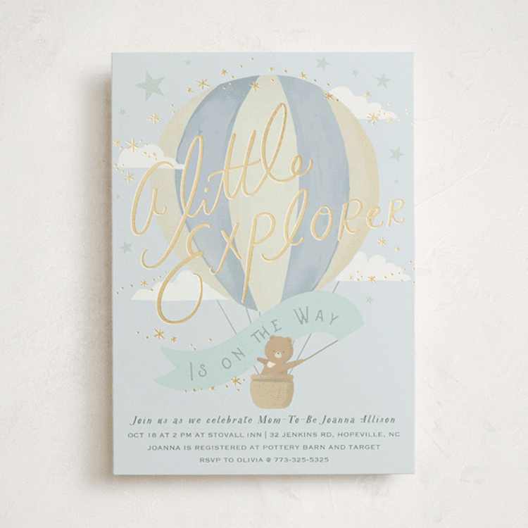 "Little Explorer" - Baby Shower Invitations in Powder by Hannah Williams - Front