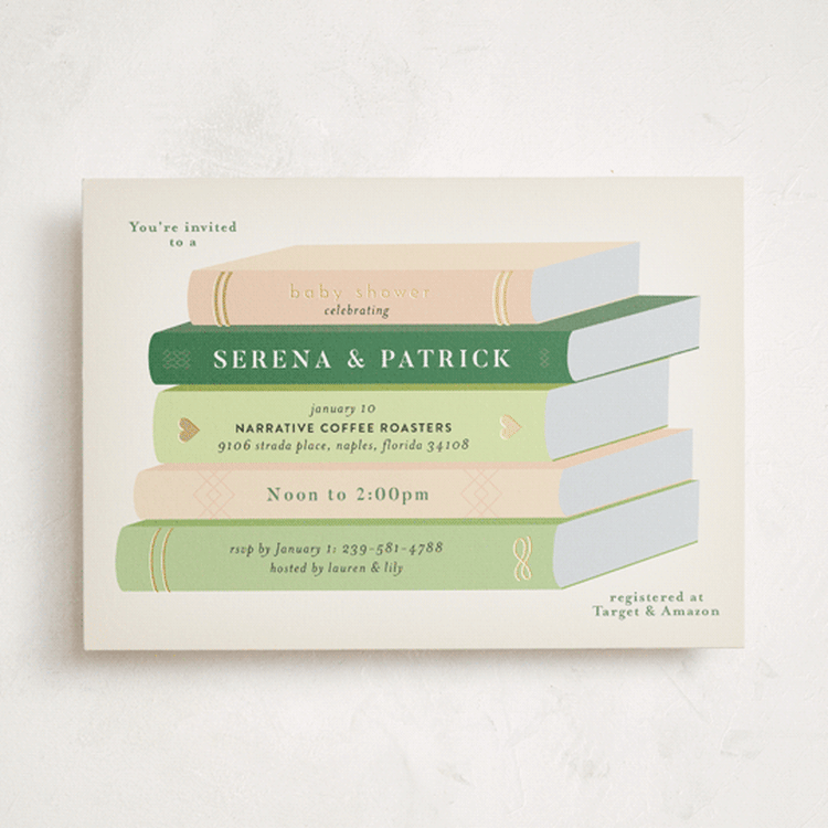 "Book Stack" - Baby Shower Invitations in Blush by Palm Bridal - Front