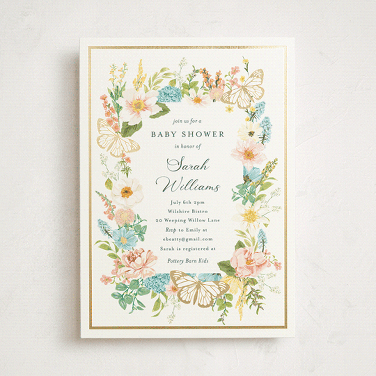 "Butterflies & Botanicals" - Baby Shower Invitations in Sky by Susan Moyal - Front