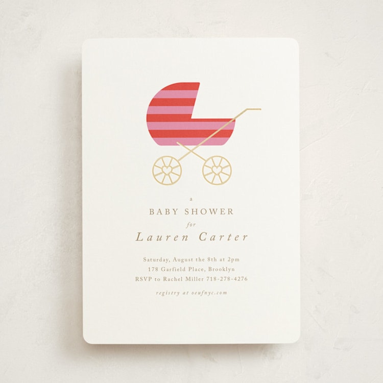 "Striped Baby Buggy" - Baby Shower Invitations in Rose by mo kelley - Front
