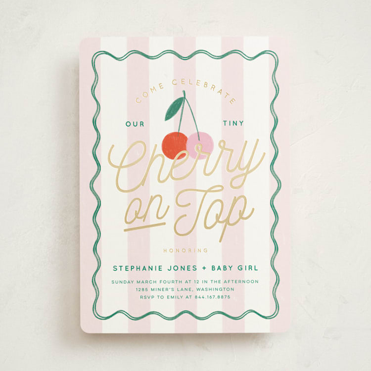 "Tiny Cherry On Top" - Baby Shower Invitations in Petal by Kiersten Garner - Front