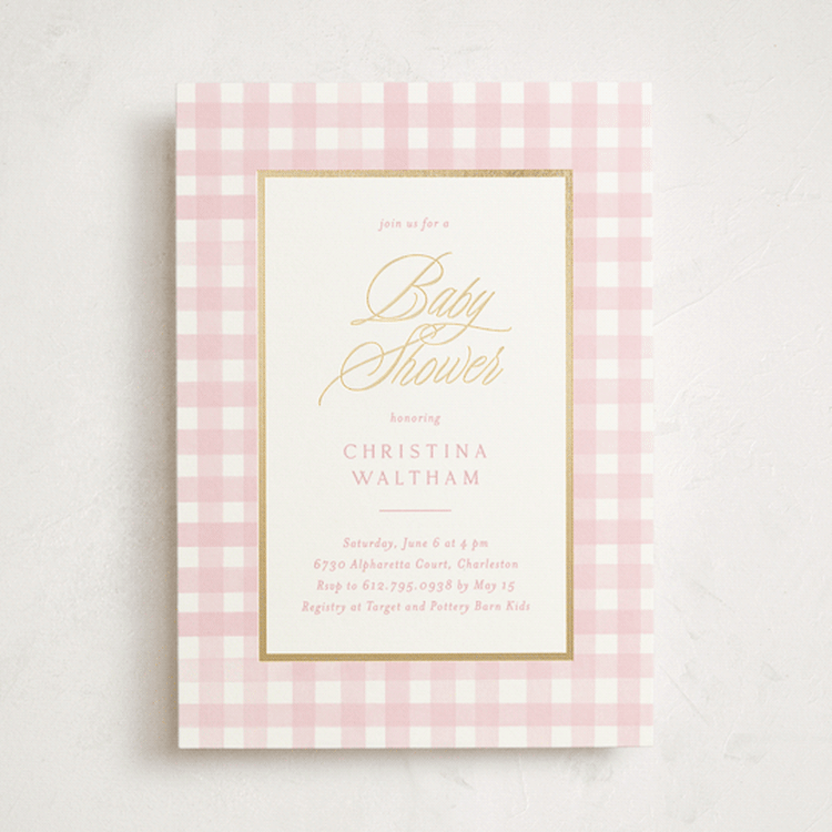 "Classic Gingham" - Baby Shower Invitations in Cotton Candy by Creo Study - Front