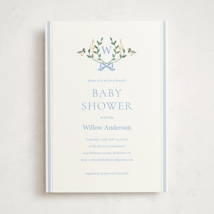 "Southern Mallard Duck" - Baby Shower Invitations in Powder by Rebecca Marchese - Front