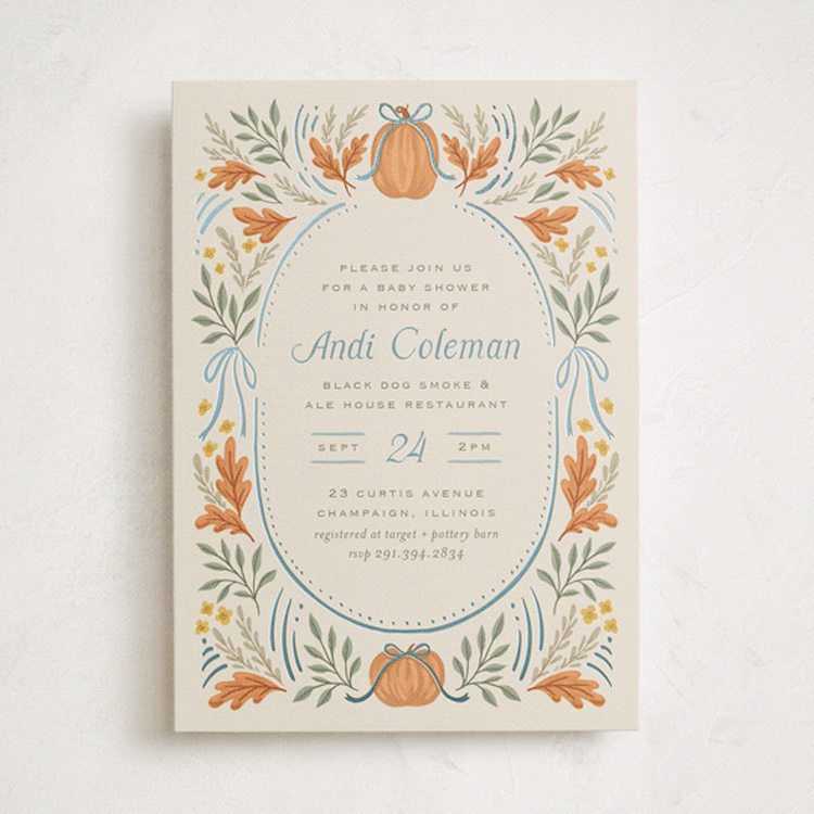 "Pumpkins + Bows" - Baby Shower Invitations in Cornflower by Laura Hankins - Front