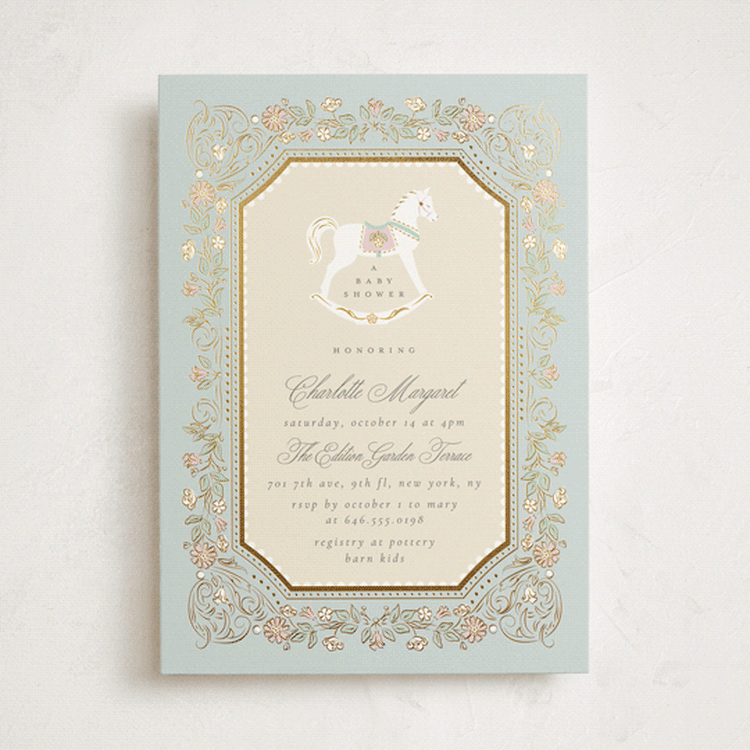 "Le Cheval d’Enfance" - Baby Shower Invitations in Pastel Toile by Ana de Sousa - Front