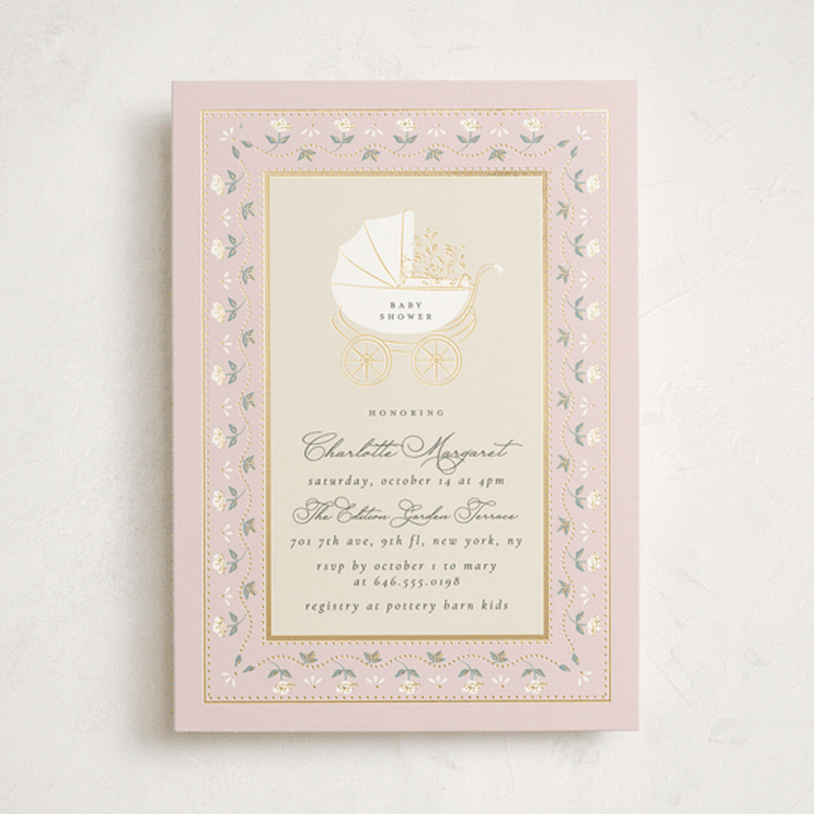 "Petal & Pram" - Baby Shower Invitations in Antique Blush by Ana de Sousa - Front