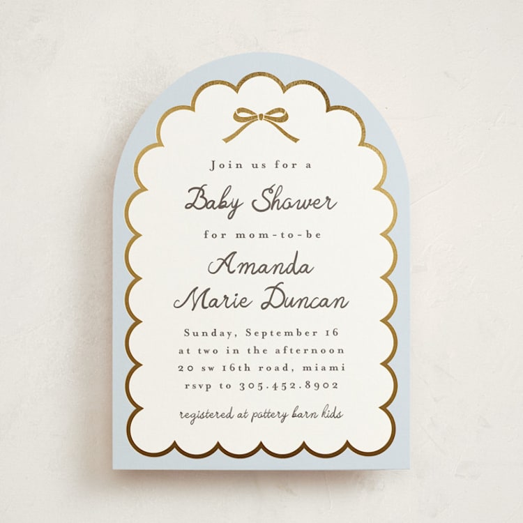 "Scallop & Little Bow" - Baby Shower Invitations in Sky by Maria Alou - Front