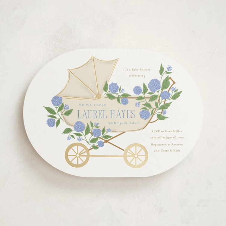 "Hydrangea Pram" - Baby Shower Invitations in Sky by Cindy Reynolds - Front