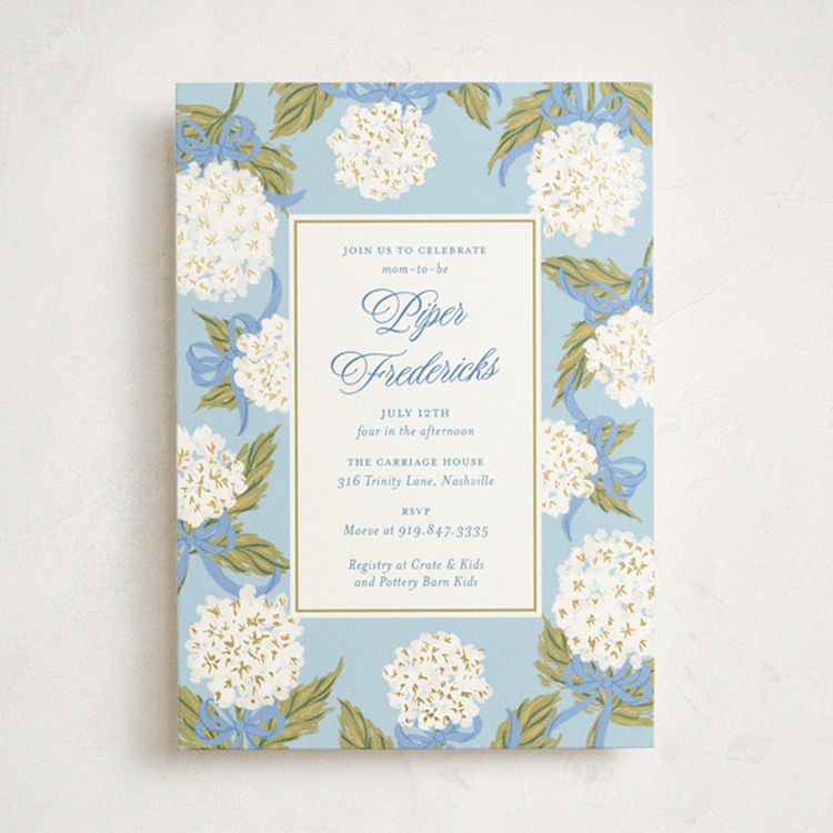 "Hydrangea bow bouquets" - Baby Shower Invitations in Blue Bell by Jackie Crawford - Front