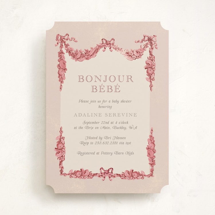 "Bonjour Bebe" - Baby Shower Invitations in Peony by Itsy Belle Studio - Front