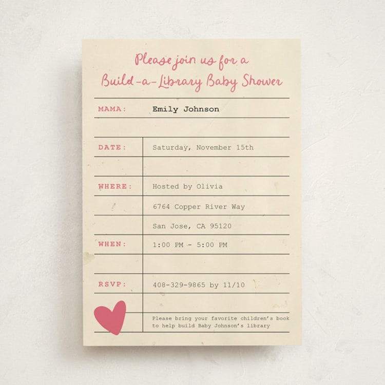 "Build a Library" - Baby Shower Invitations in Peony by Ilene Guy - Front