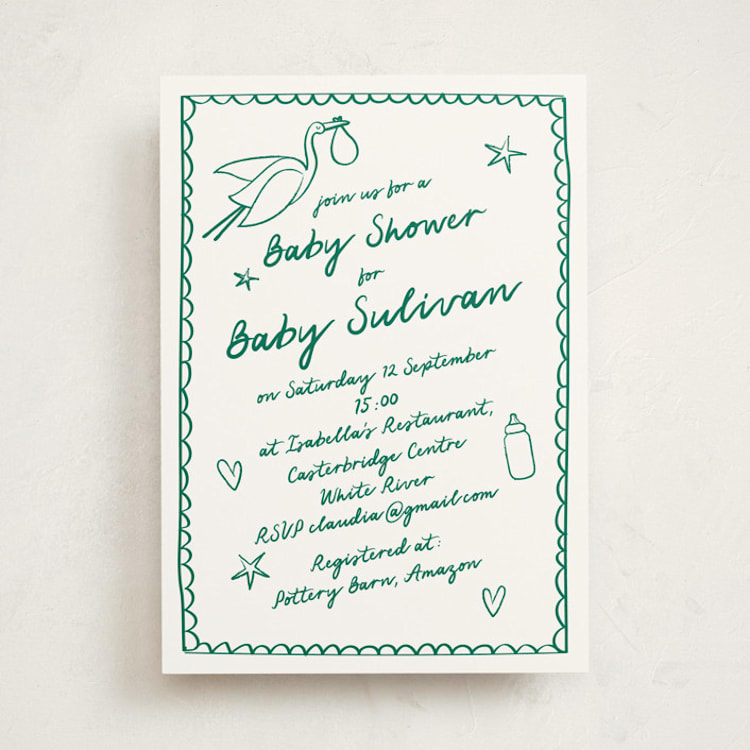 "Stork Party" - Baby Shower Invitations in Apple by Zani van Zyl - Front