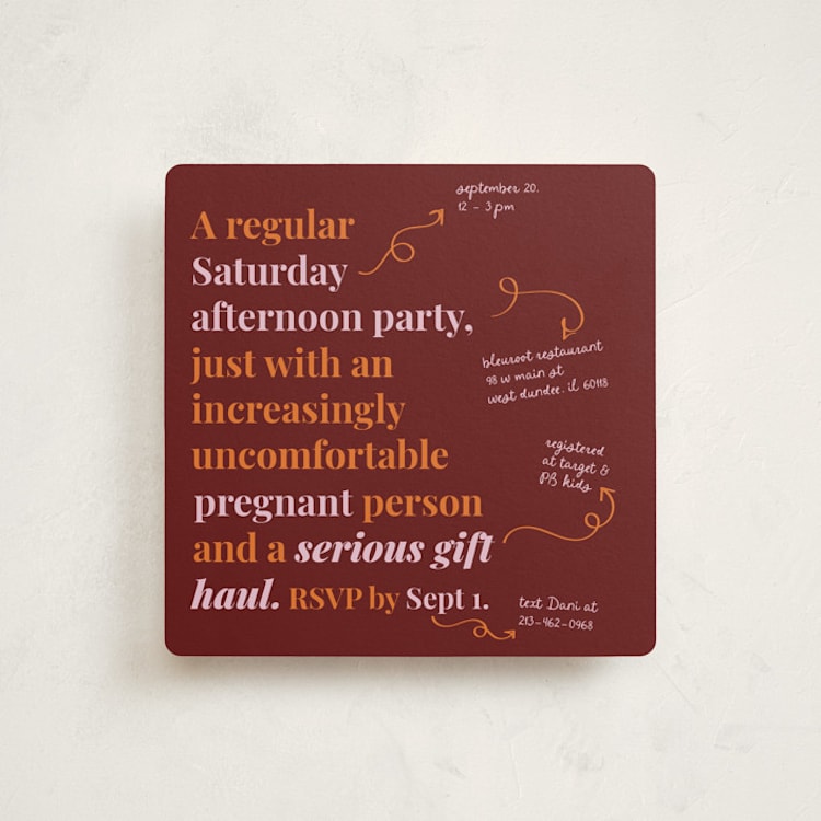 "Increasingly Uncomfortable Pregnant Person" - Baby Shower Invitations in Pomegranate by Madison Kic - Front