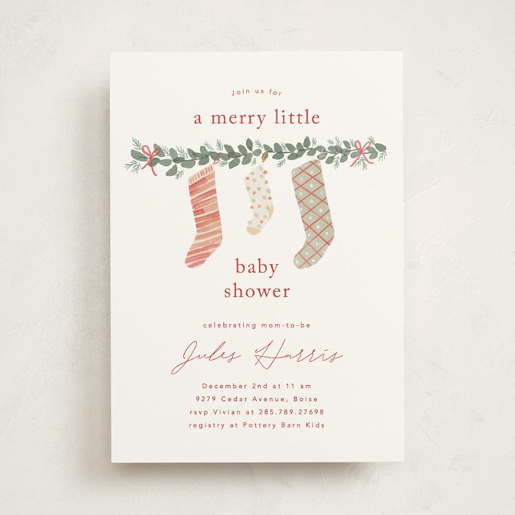 "merry little stockings" - Baby Shower Invitations in Cranberry by Rebecca Durflinger - Front