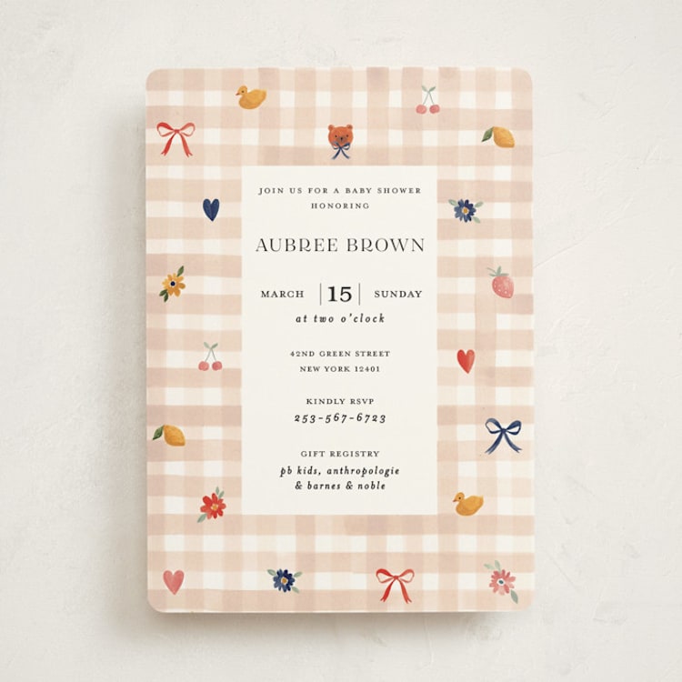 "Gingham" - Baby Shower Invitations in Shortbread by Sarah Knight - Front