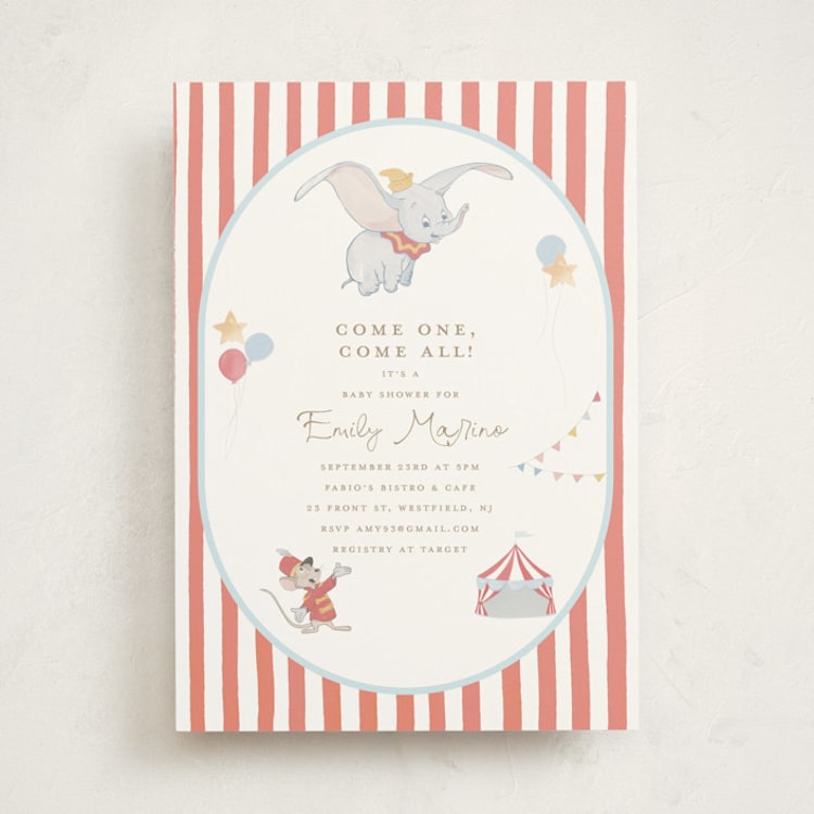 "Disney's Dumbo Come One Come All" - Baby Shower Invitations in Pearl by Teju Reval - Front