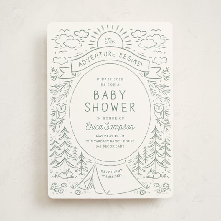 "The Adventure Begins" - Baby Shower Invitations in Sage by Kiersten Garner - Front