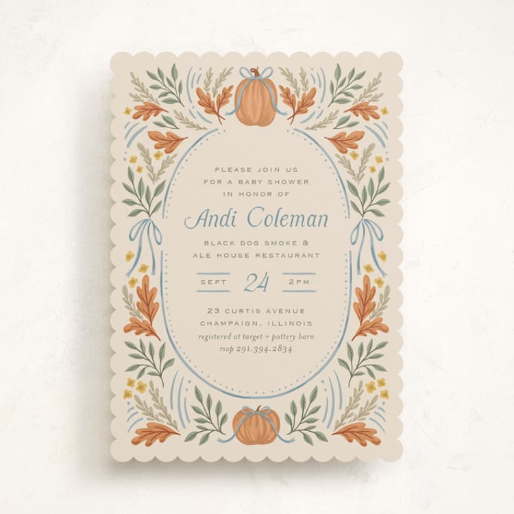 "Pumpkins + Bows" - Baby Shower Invitations in Cornflower by Laura Hankins - Front