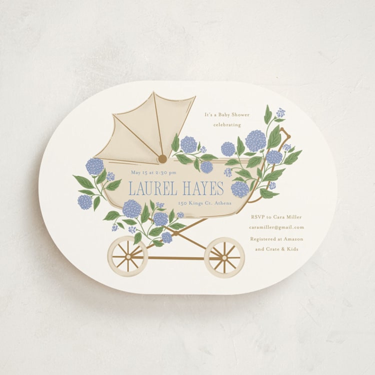 "Hydrangea Pram" - Baby Shower Invitations in Sky by Cindy Reynolds - Front