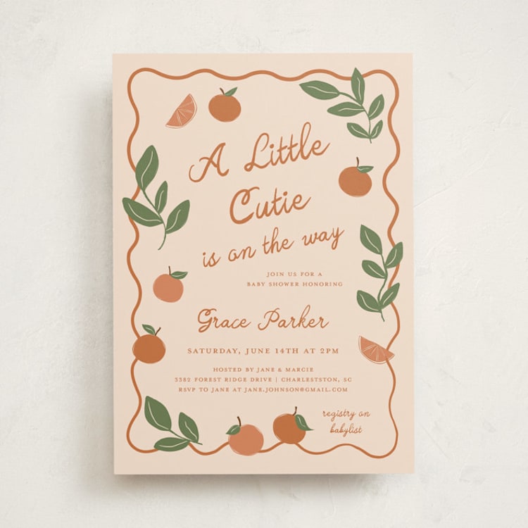 "A Little Cutie" - Baby Shower Invitations in Peach by Kelly Watkins - Front